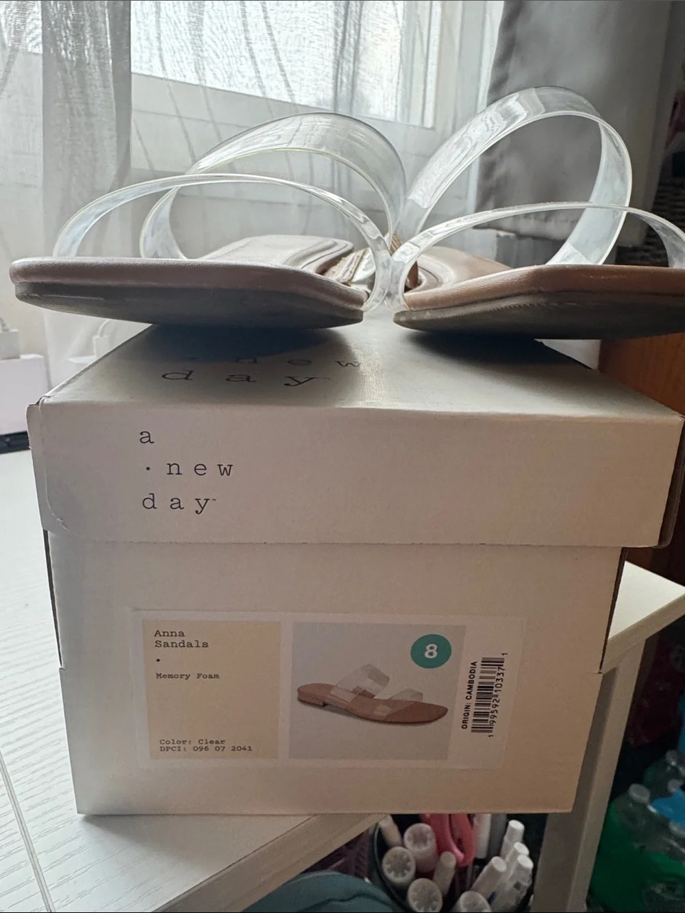 a new day Tan Slide Sandals with Clear Double Straps